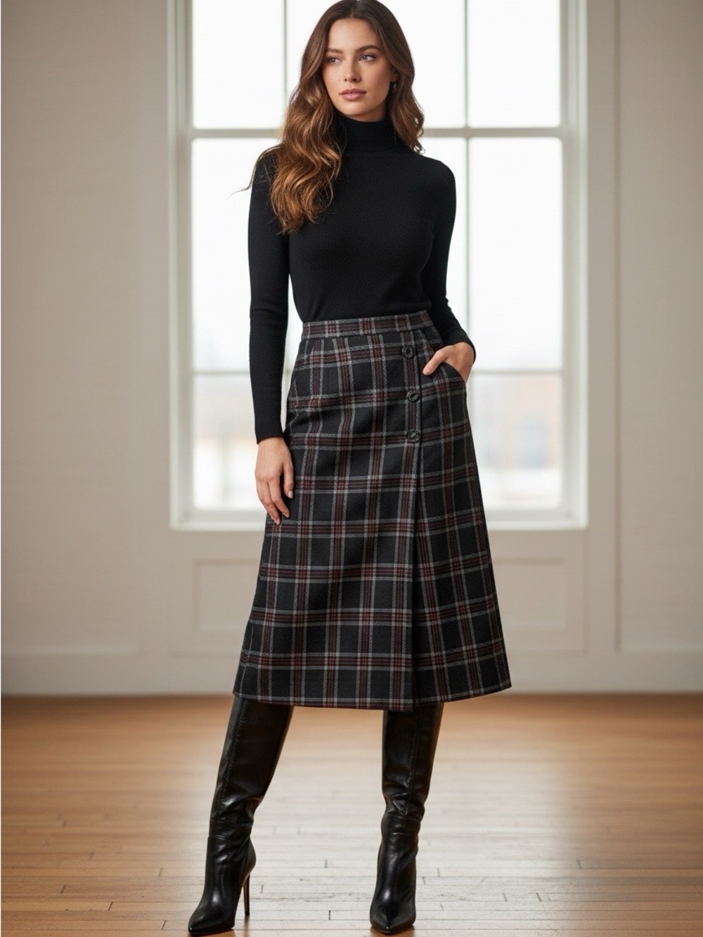 Vintage 80s Plaid Wool Blend Midi Skirt Dark Academia High Waist Button Front Sm